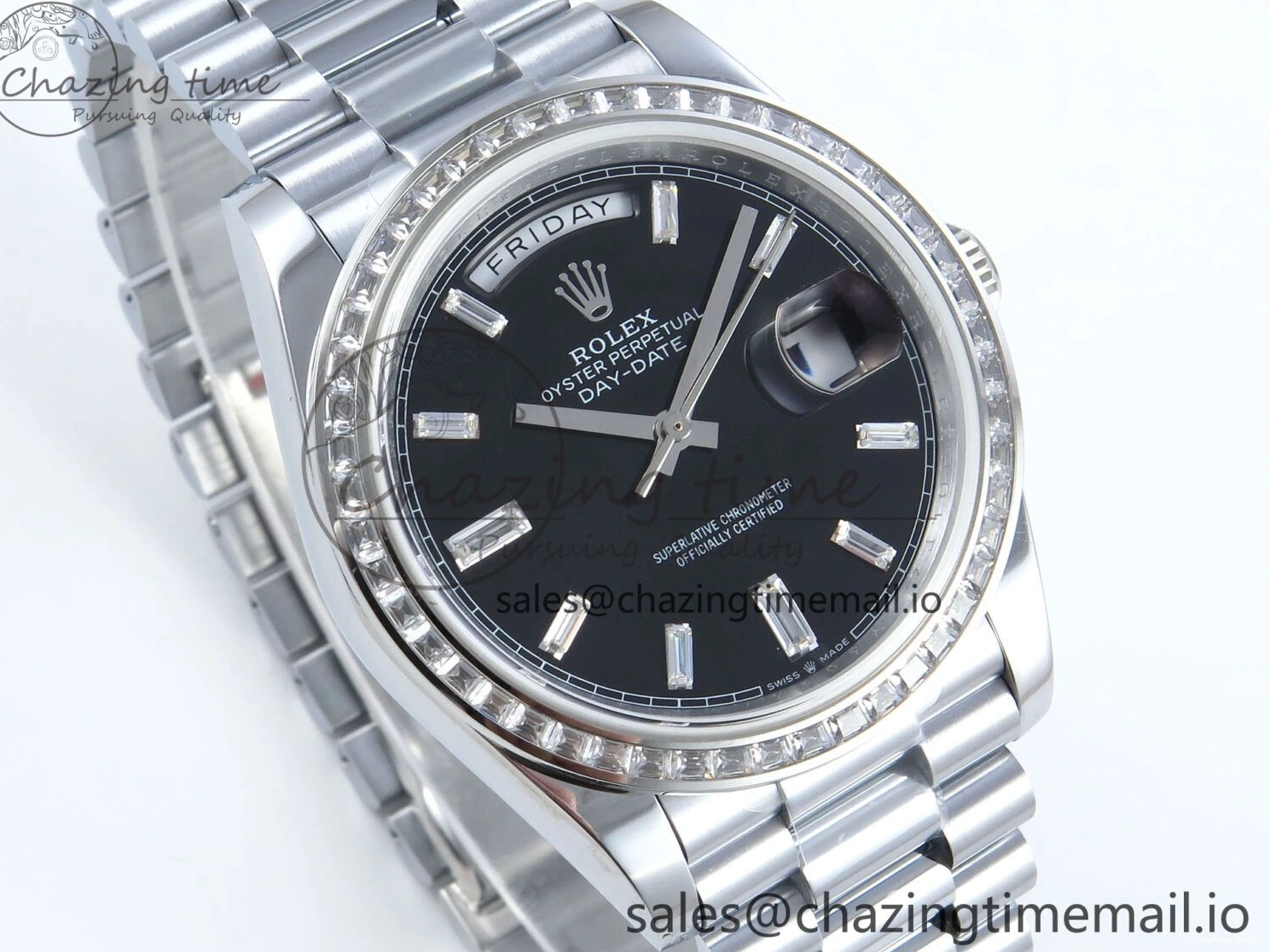 1221 Soft DayDate 40 SS QF 1:1 Best Edition Black Crystal Dial Diamonds Bezel on President Bracelet A2836 V5 (Gain Weight) 477